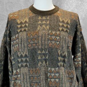 VINTAGE 80s 90s earthy geometric plaid knit sweater mens crewneck Towncraft‎